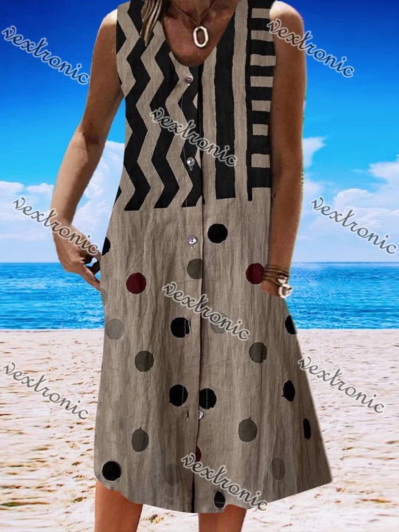 Women Sleeveless V-neck Polka Dot Printed Midi Dress