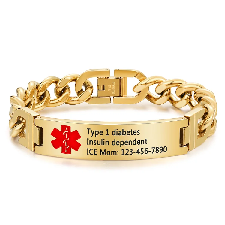Personalized Medical Alert Bracelet ID Wristbands Stainless Steel Emergency Gold Bracelet