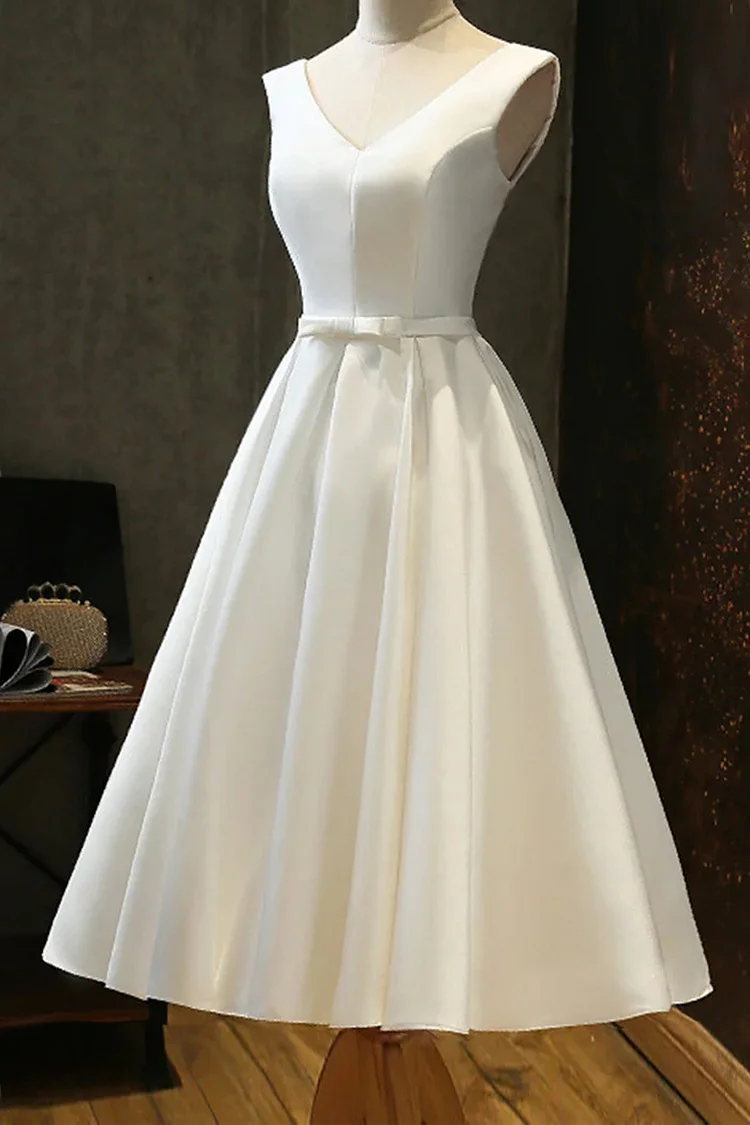 1950s White Formal Solid V Neck Lace Up Waist Bow Midi Dress