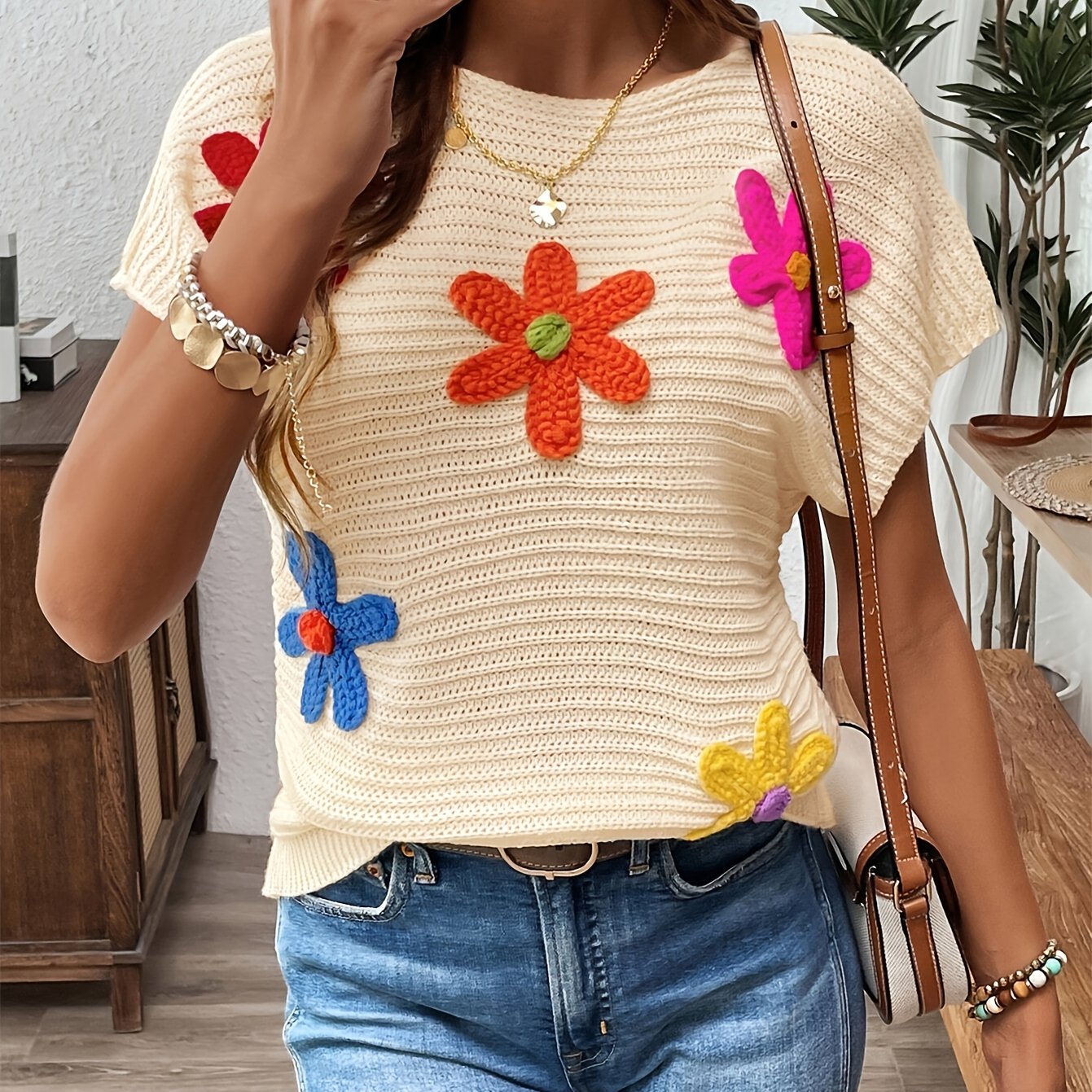 Women's Floral Viscose 3D Crochet, Short Sleeve, Embroidered Top