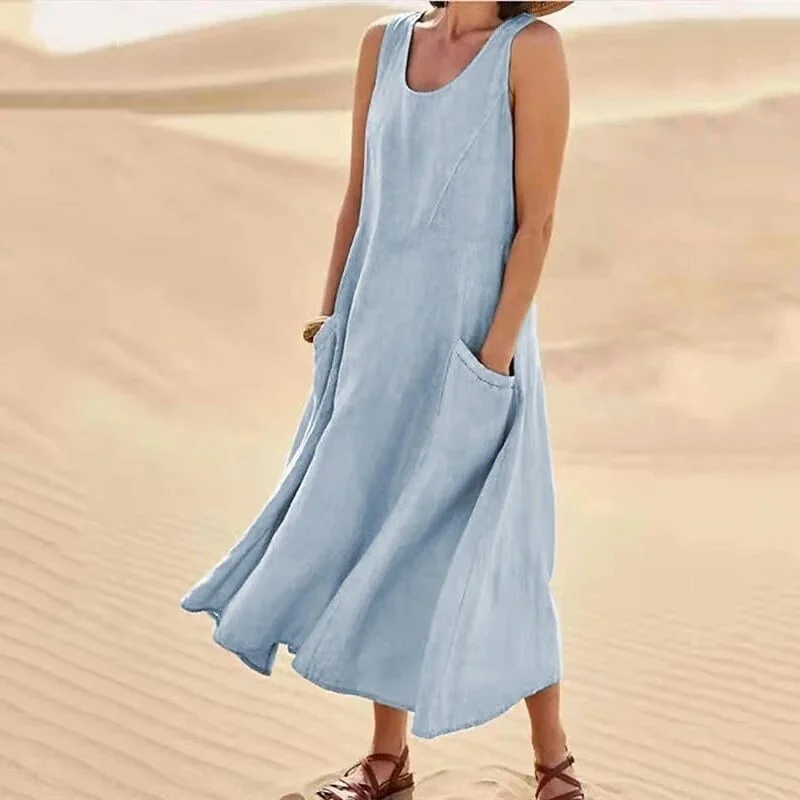 Hot Sale🔥Women's Sleeveless Cotton And Linen Dress With Pockets