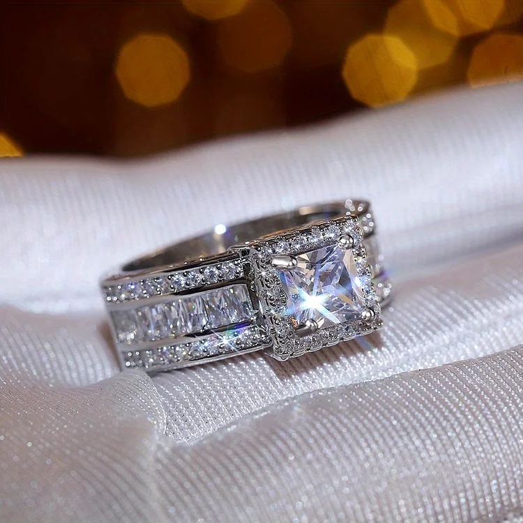 Shiny Halo Ring Inlaid Square Cut Shiny Zircon Elegant Wedding Engagement Promise Ring For Women & Girls Valentine's Day Jewelry