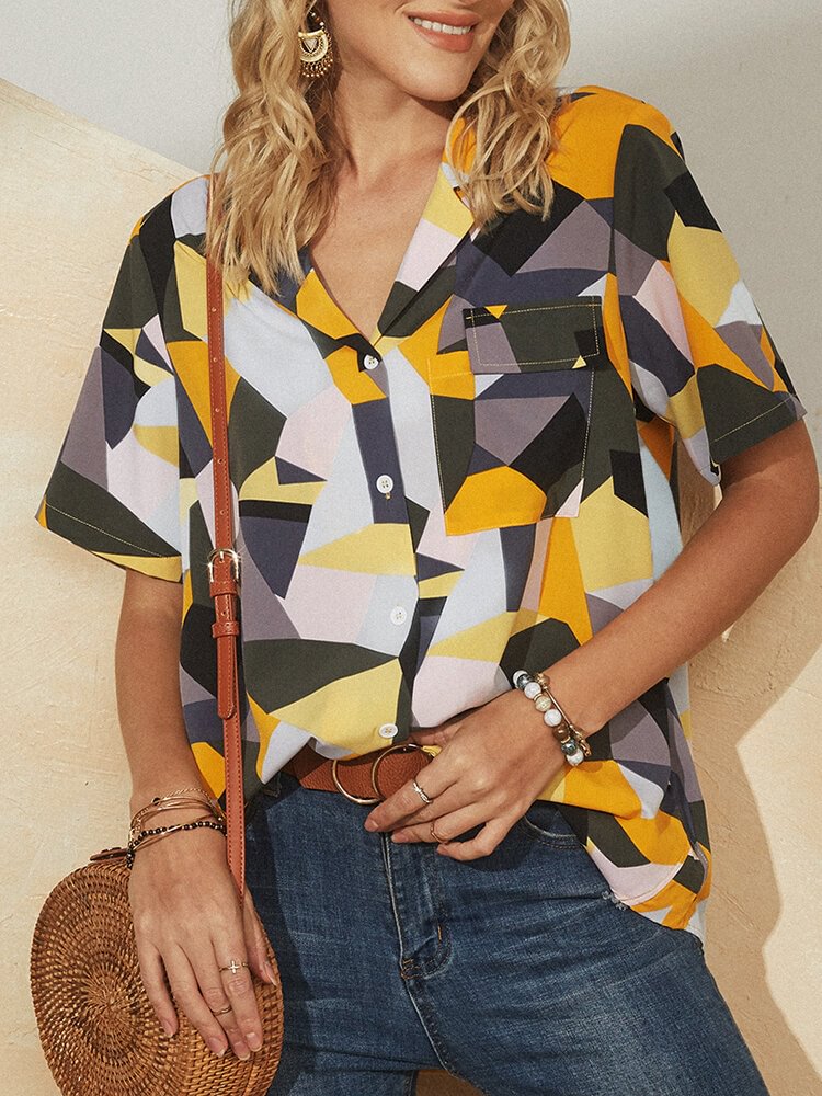 Colorblocks Printed Lapel Short Sleeve Button Blouse P1705765