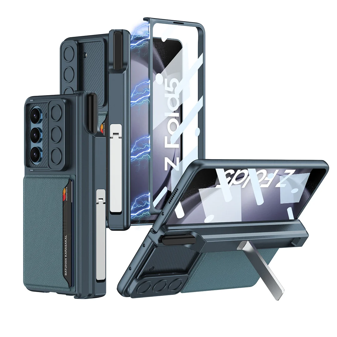 Luxury Leather Phone Case With Cards Slot,Lens Push Cover,Kickstand,Stylus,Stylus Slot,Screen Protector And Magnetic Hinge For Galaxy Z Fold5
