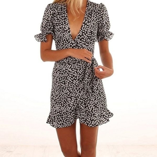 Fashion Elegant Female Floral Printed Short Sleeve V Neck Summer Dress Beach Ruffled Skirt - Shop Trendy Women's Clothing | LoverChic