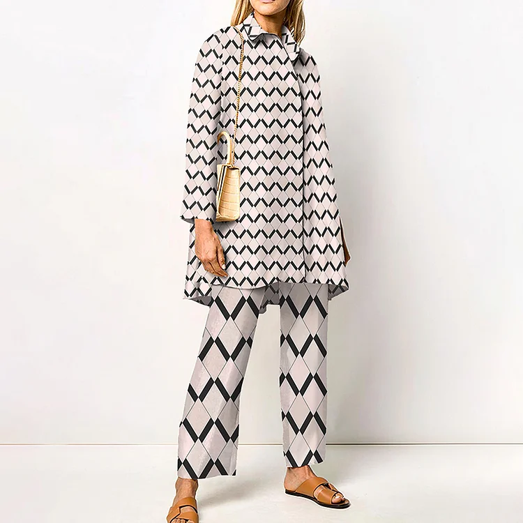 Classic Geometric Print Long Sleeve Two Piece Set