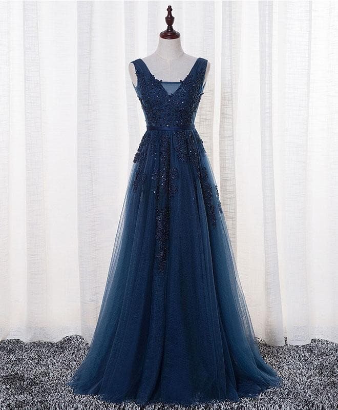 Dark Blue Lace Tulle Long Prom Dress, Lace Evening Dress SP15628