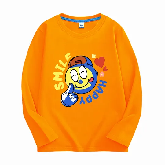 【18M-11Y】Adorable Long Sleeve T-Shirt With "SMILE, HAPPY" Design For Kids