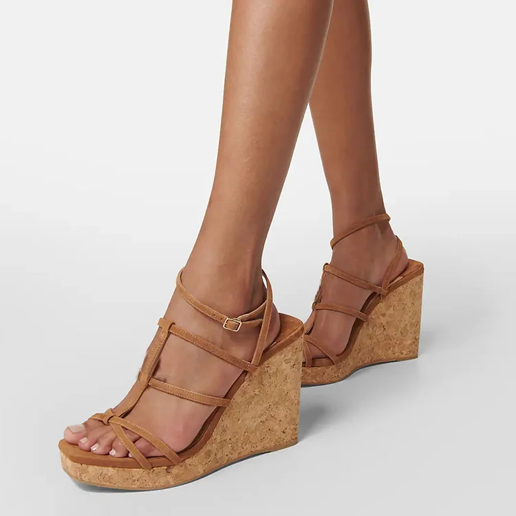 Khaki Platform Wedge Sandals Women'S Square Toe Buckle Shoes Vintage Strappy Heels |FSJ Shoes
