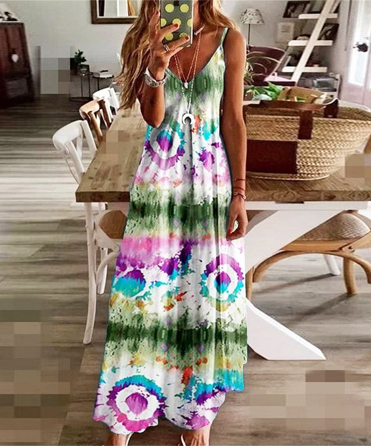 V-neck Printed Loose Slip Dress