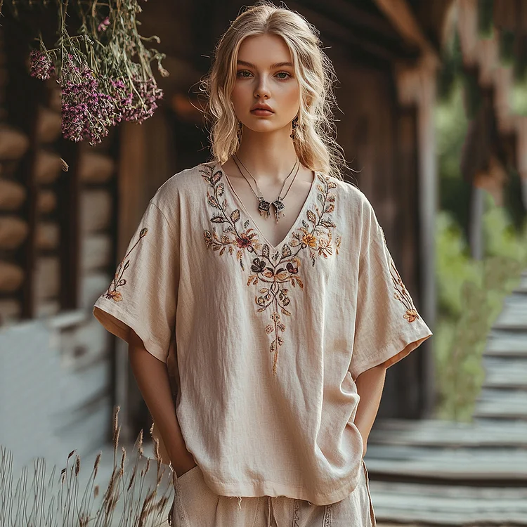 Women's Bohemian Vintage Flowers Art Casual Linen Top