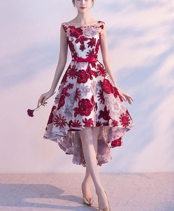 Cute Burgundy 3D Lace High Low Prom Dress, Lace Homecoming Dress