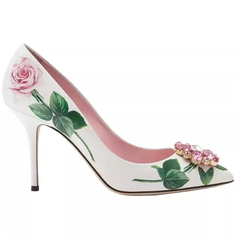 VCSHOES Pink Diamond Crystal Flower Pumps Rose Green Leafs Printing Slingbacks High Heels Pointed Toe Woman Floral Wedding Shoes