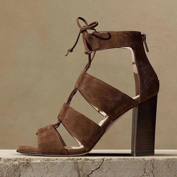 FSJ Brown Vegan Suede Square Toe Gladiator Sandals with Block Heel |FSJ Shoes