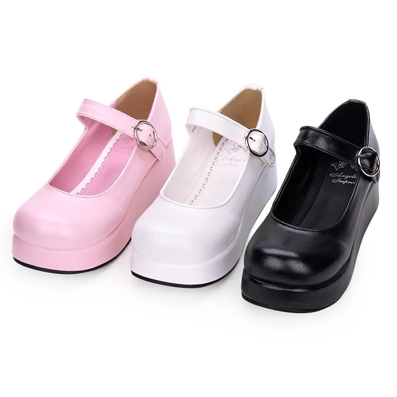 VCshoes Woman Mori Girl Lolita Cosplay Shoes Lady Mid Heels Pumps Women Princess Dress Party Shoes Pearlescent PU 5cm