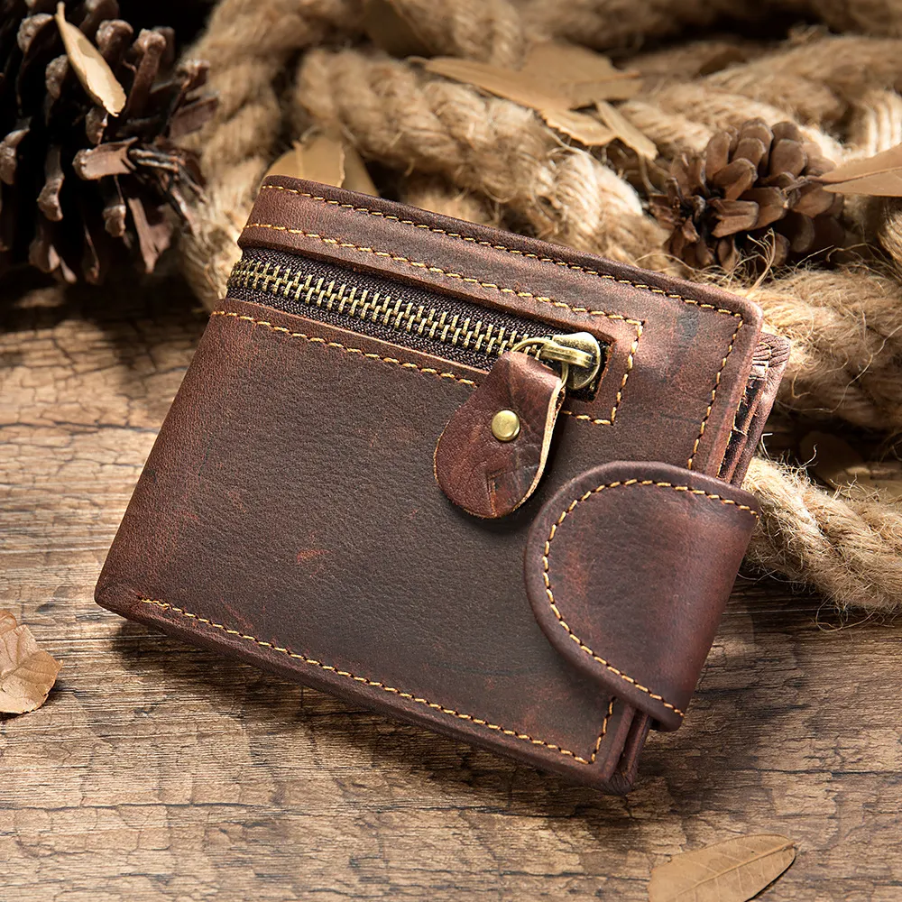 Genuine Leather Men's Wallet With Zipper Closure And Card Slots