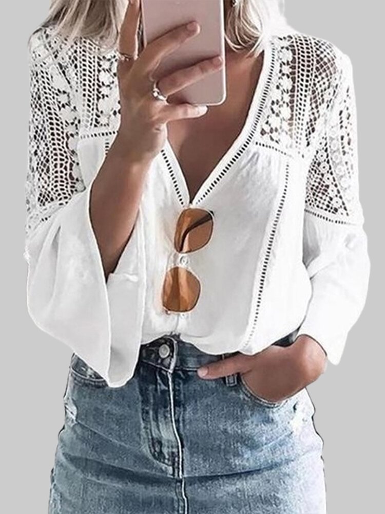 Lace Patchwork Hollow Long Sleeve Solid Color Blouse For Women P1727060