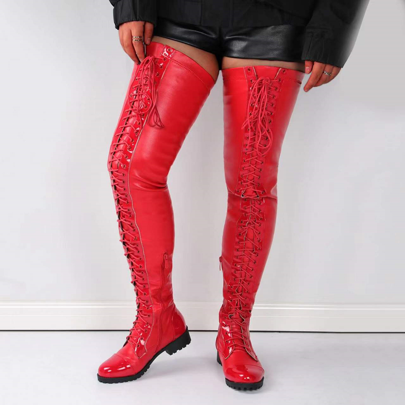 TAAFO Stretch Thigh High Lace -up Long Boots Round Toe Women Shoes Black Red Over Knee Boots Flat Heel