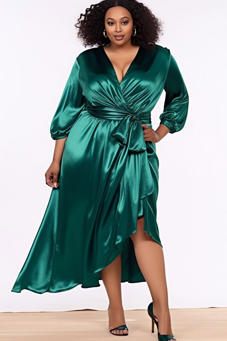 Plus Size Semi Formal Midi Dresses Elegant Green Fall Winter Wrap Neck Lantern Sleeve 3/4 Sleeve Asymmetric Hem Satin Midi Dresses [Pre-Order]