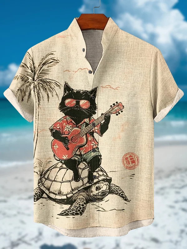 Men's Black Cat Guitarist And Turtle Hawaii Style Print Short Sleeve Shirt