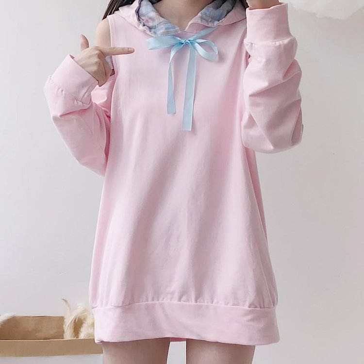 Pink Kawaii Off-Shoulder Hoodie Jumper SP13499