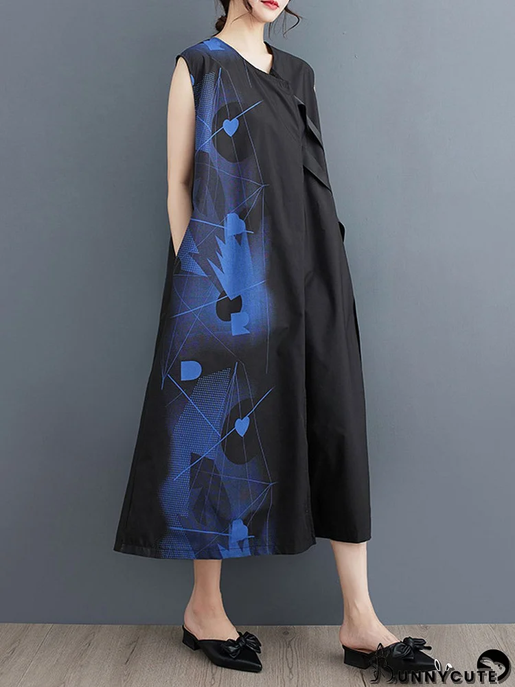 Loose Sleeveless Printed Round-Neck Midi Dresses