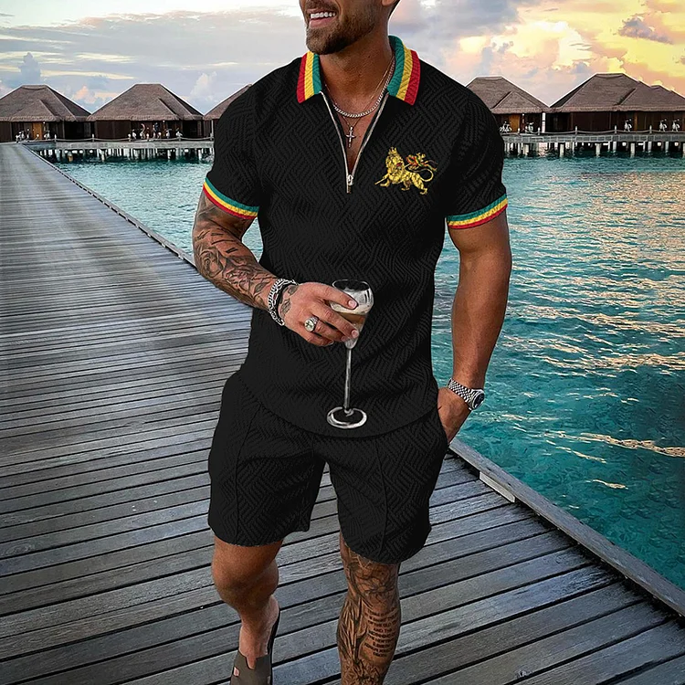 Broswear Contrasting Stripes Rasta Lion Polo Shirt And Shorts Co-Ord