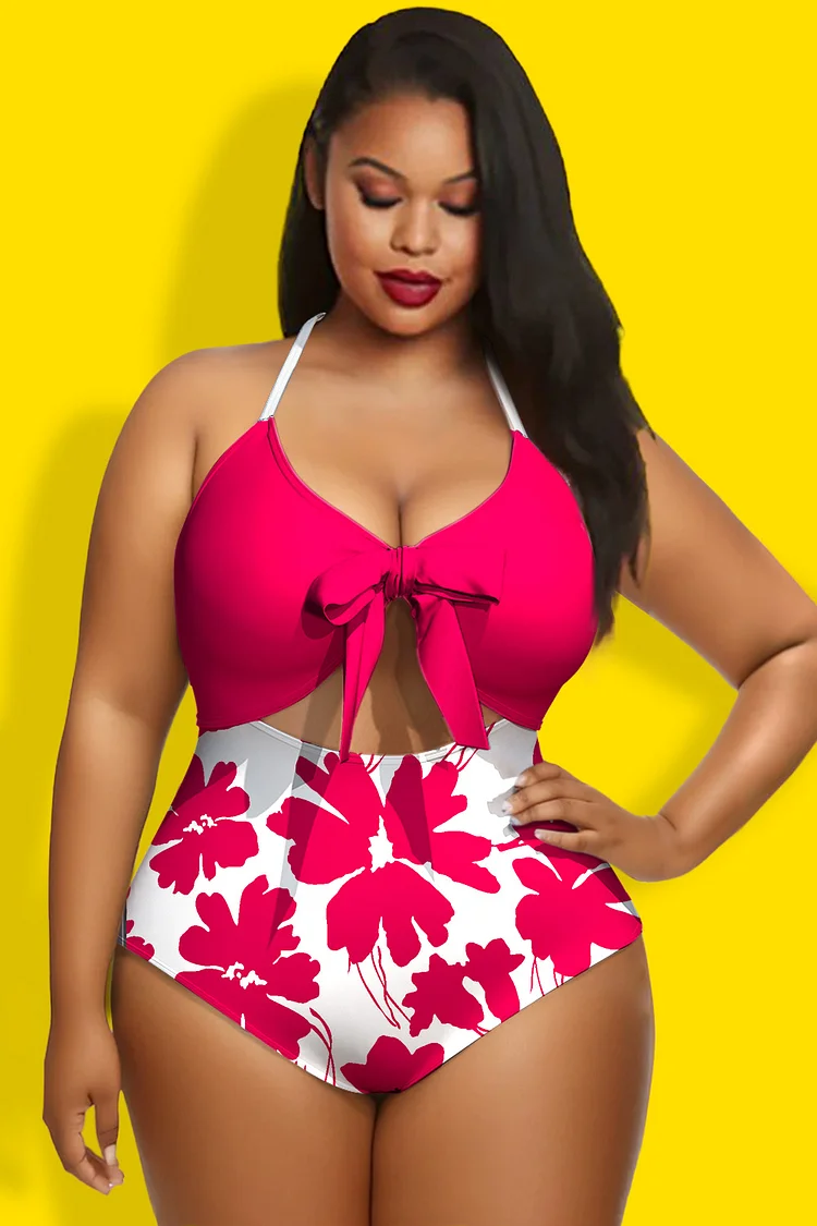 Xpluswear Design Plus Size Vacation Hot Pink Floral Print Halter Collar Bow Tie Cut Out One Piece Swimwear