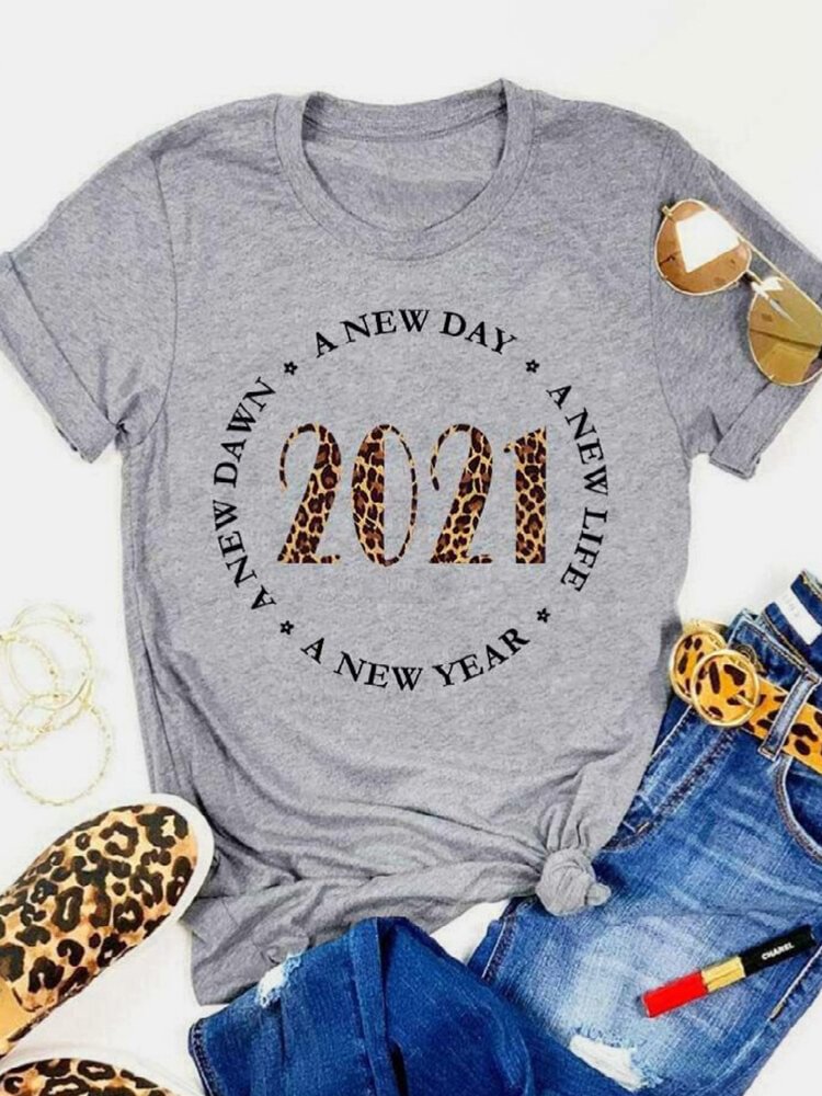 Leopard Number Print Short Sleeve O neck Casual T Shirt For Women P1802500