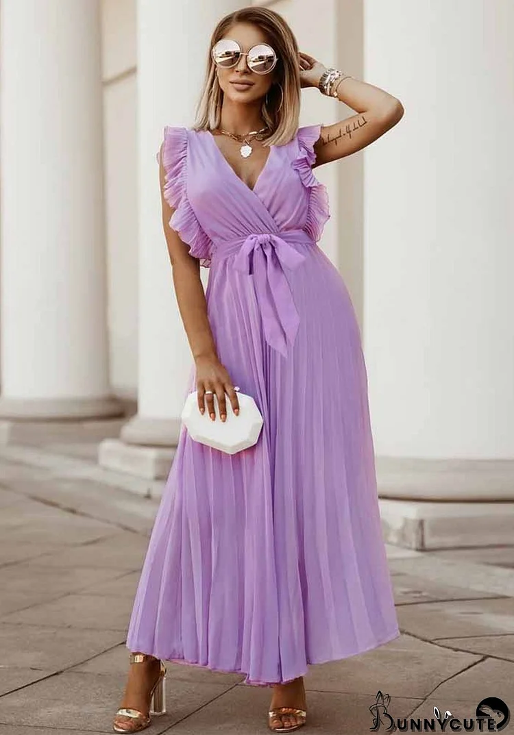 Women Summer Purple Sweet V-neck Sleeveless Solid Chiffon Belted Pleated Long Smock Dress