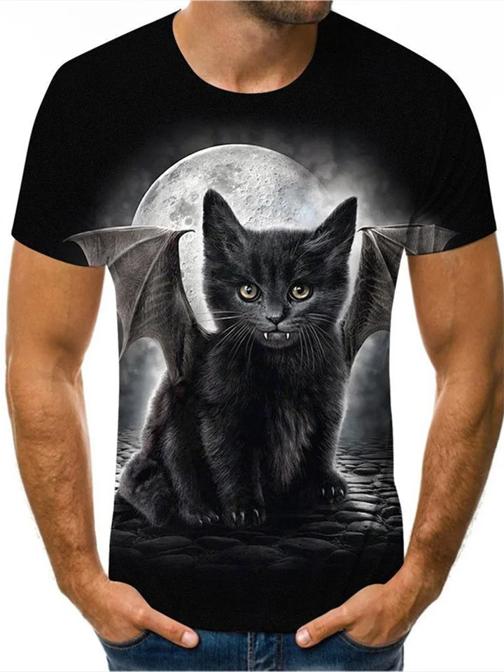 Cute Cats 3D Digital Printing Round Neck Short-sleeved Men's Fashion Casual T-shirt