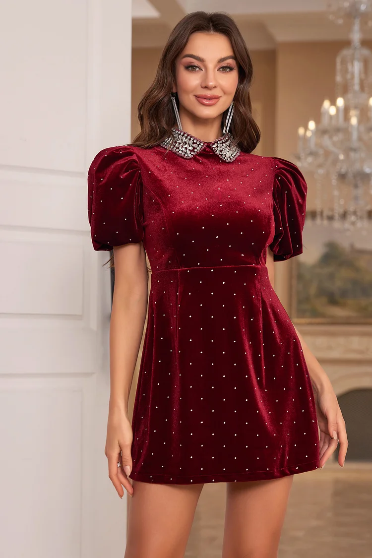 Rhinestone Collar Puffy Sleeve Polka Dot A-Line Velvet Mini Dresses