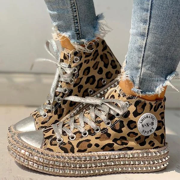 Fashion Leopard Rivet Embellished Lace-Up Sneakers shopify Stunahome.com