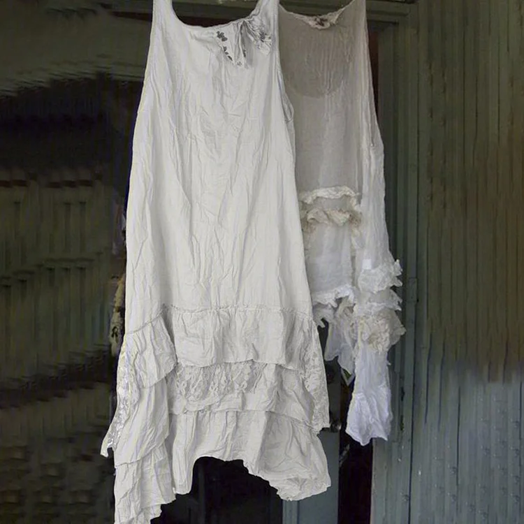 Vintage Multi Layer Ruffle Edge Linen Cotton Sleeveless Maxi Dress