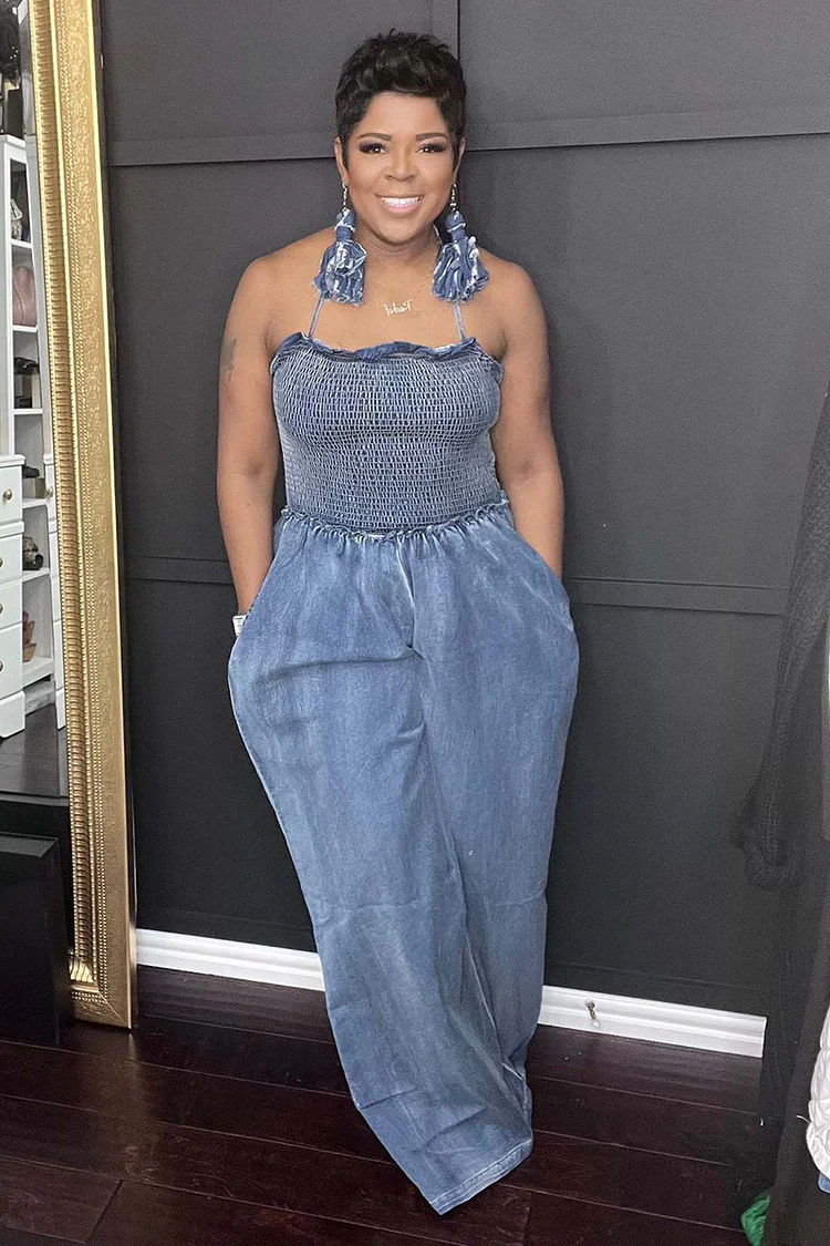 Denim Patchwork Halter Sleeveless Wide Leg Casual Jumpsuit
