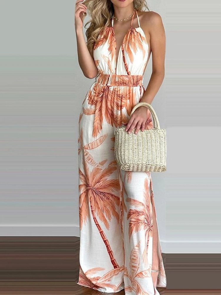 Sling Leaf Print Jumpsuit P14868