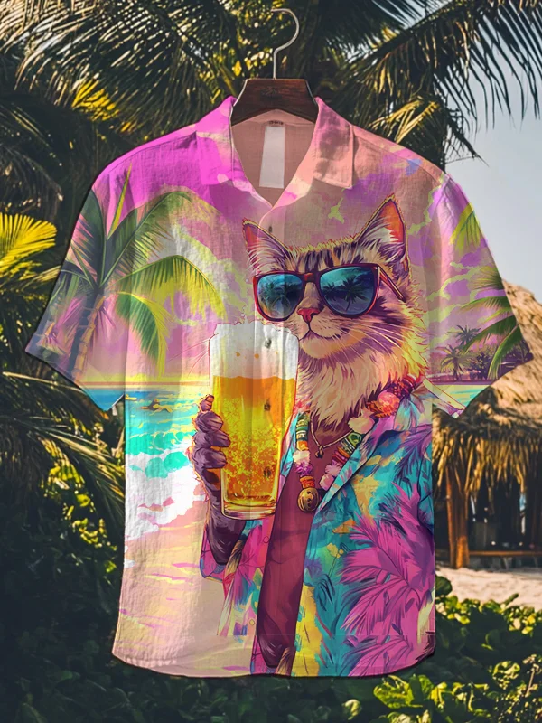Men's The Cat Drinking Beer Print Vacation Short Sleeve Shirt