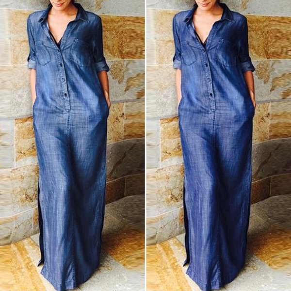 VONDA Women Long Sleeve Lapel Button Up Maxi Dresses Fashion Holiday Party Denim Shirt Dress Vestidos Plus Size - BlackFridayBuys