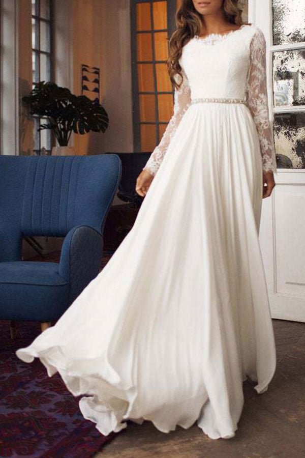 White Backless Lace Panel Prom Dress - Chicaggo