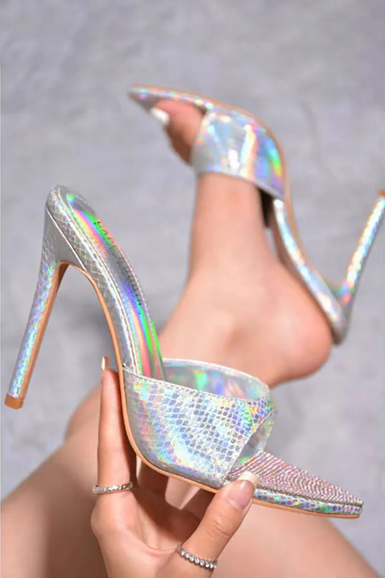 Glossy PU Leather Peep-Toe Slipper Stiletto Heels -Silver