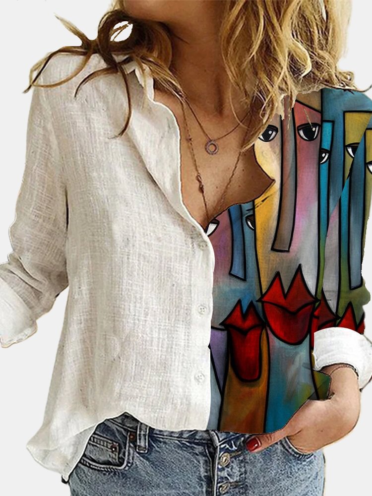 Vintage Printed Long Sleeve Turn down Collar Patchwork Blouse For Women P1738010