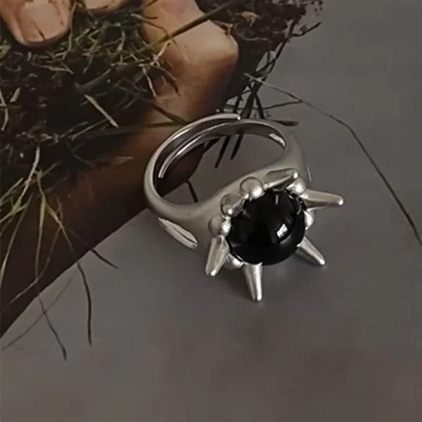 Natural Black Obsidian Personalized Sea Urchin Thorn Ring