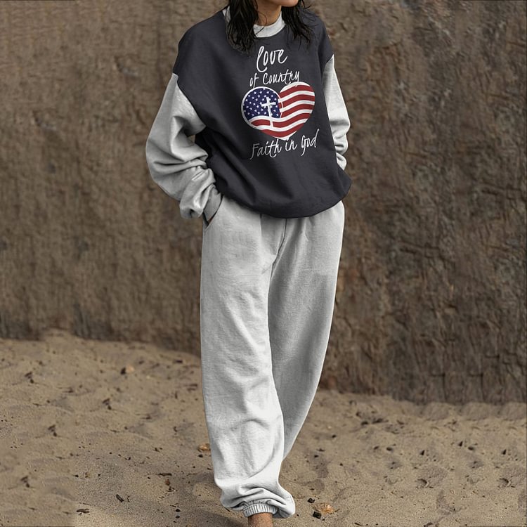 VChics Love Of Country Faith In God Print Sweatshirt Two Piece Set
