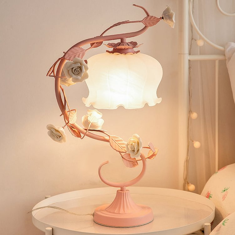 1 Head Table Lamp Pastoral Style Bud White Glass Nightstand Lighting with Ceramic Rose for Bedside