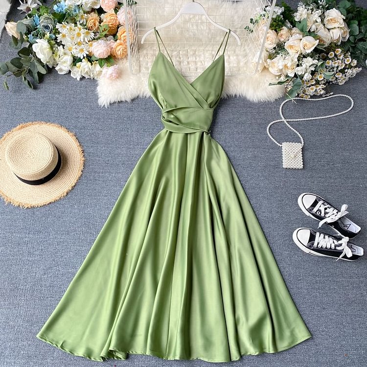 Cottagecore Fashion Spaghetti Strap Silky A-Line Midi Dress CF9