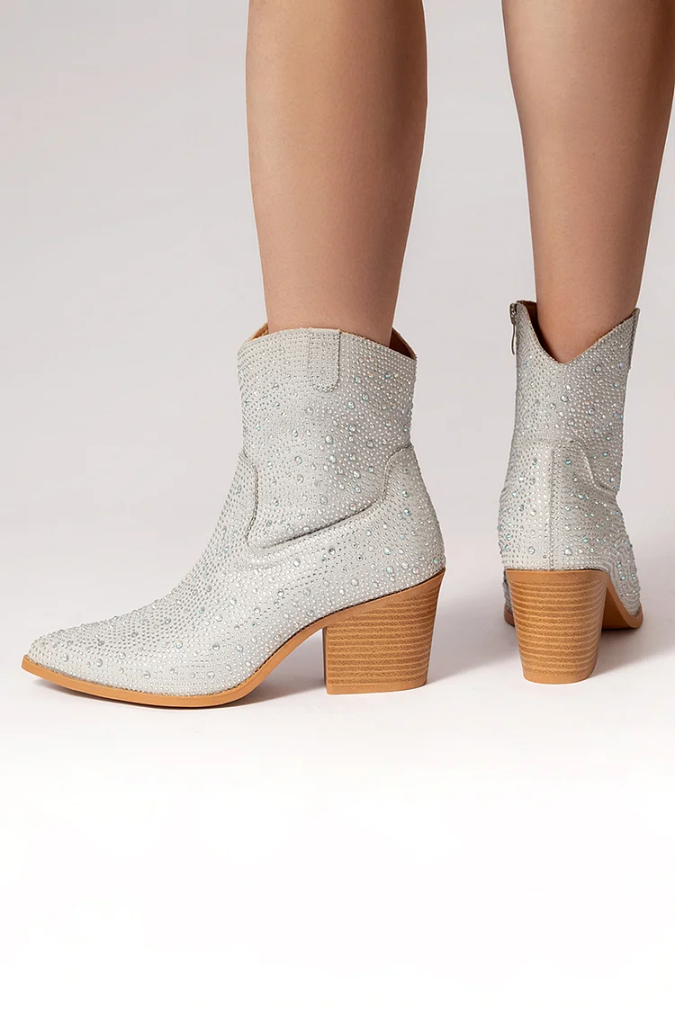 Rhinestone Stitching V Groove Chunky Heels Cowboy Boots