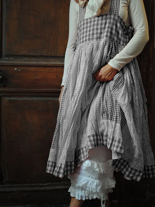 Women Casual Linen Plaid Suspender Dress