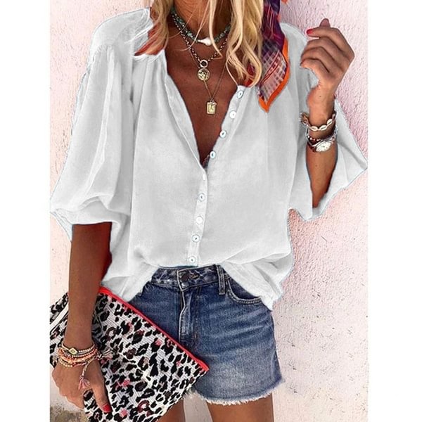 Spring Summer Tops Plus Size Fashion Clothes Women's Causal Long Sleeve Tee Shirts Solid Color Loose T-shirts Ladies Button Up Shirts Deep V-neck Pleated Chiffon Blouses XS-8XL