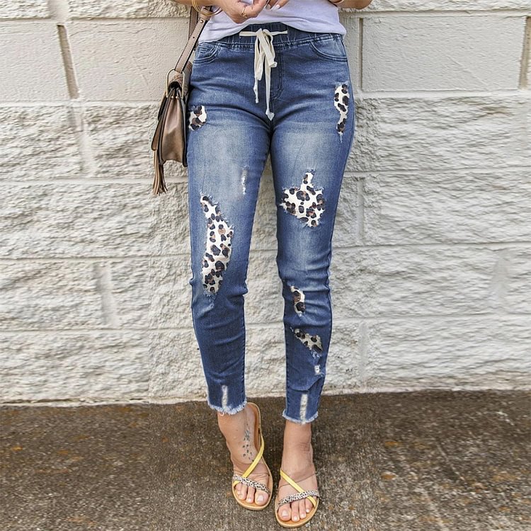 VChics Ripped Leopard Print Slim-Fit Jeans