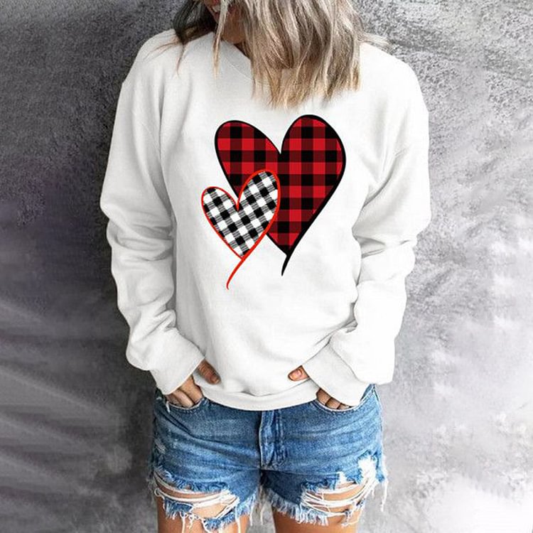 VChics Love Heart Plaid Print Round Neck Long Sleeve Casual Sweatshirt
